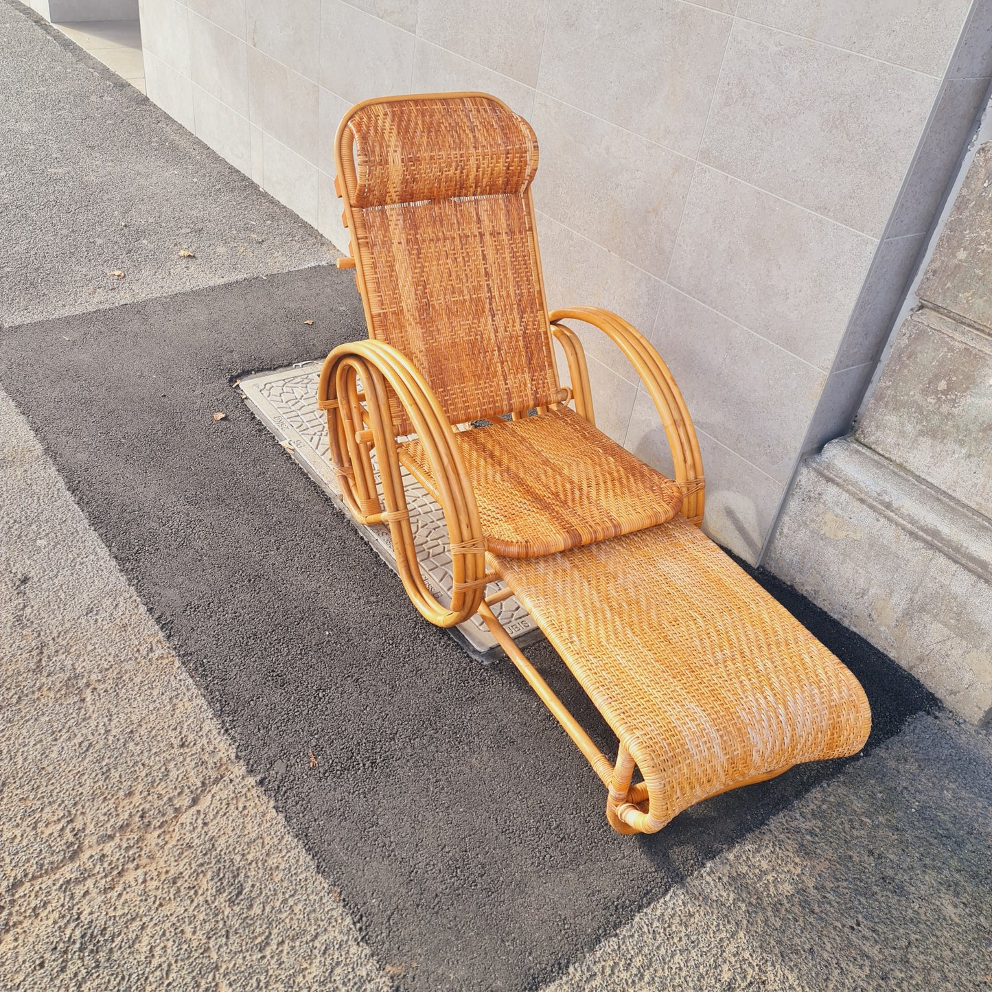 Cane Chair Recliner with Footstool Vintage Style for Balcony or Verandah