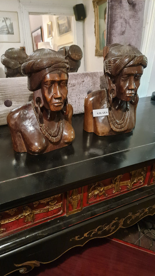 Wooden Carved Heads of Philippine Igorot Indonesian Busts