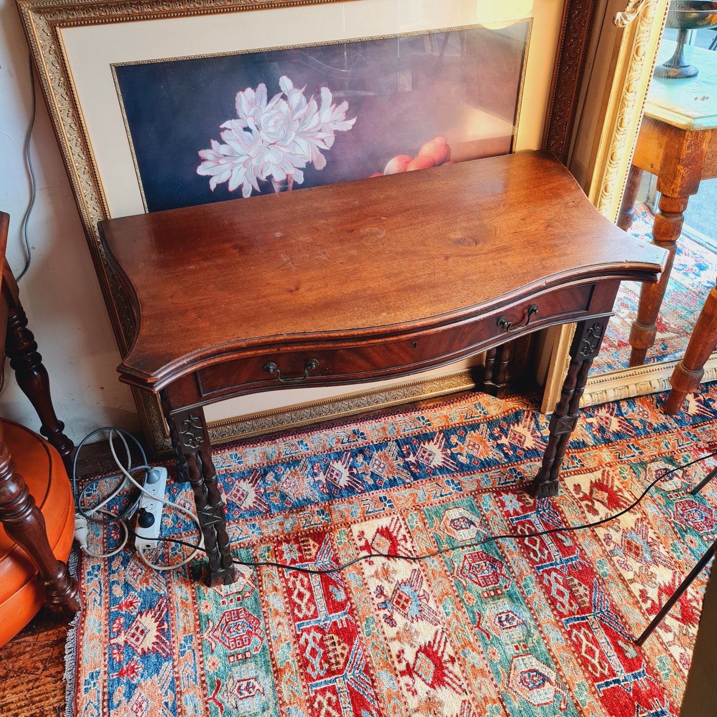 Antique Fold Over Card Table with Green Baize Top