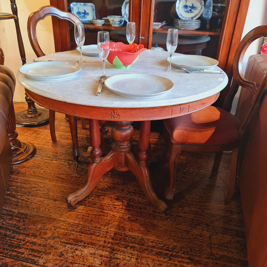Dining Table with Round Marble Top and Antique Wooden Base