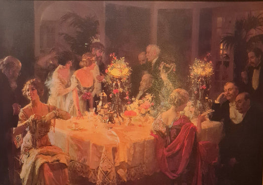 Gilt Framed Painting of Candlelit Dinner in the Impressionist Style