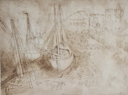 Signed Etching by Nachum Gutman of Boat and Harbour