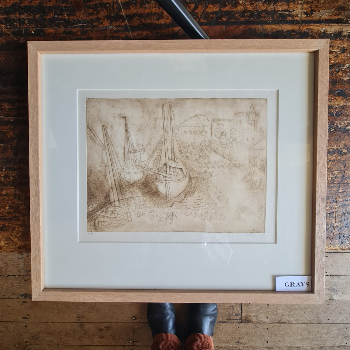 Signed Etching by Nachum Gutman of Boat and Harbour