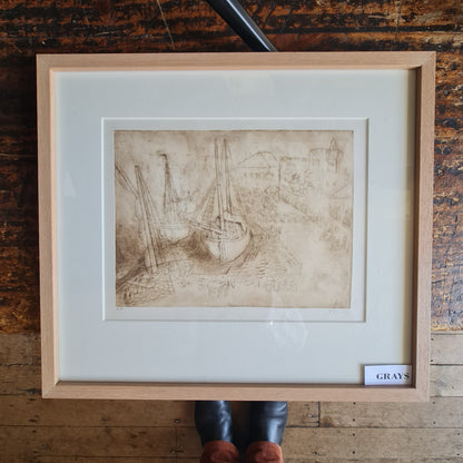 Signed Etching by Nachum Gutman of Boat and Harbour
