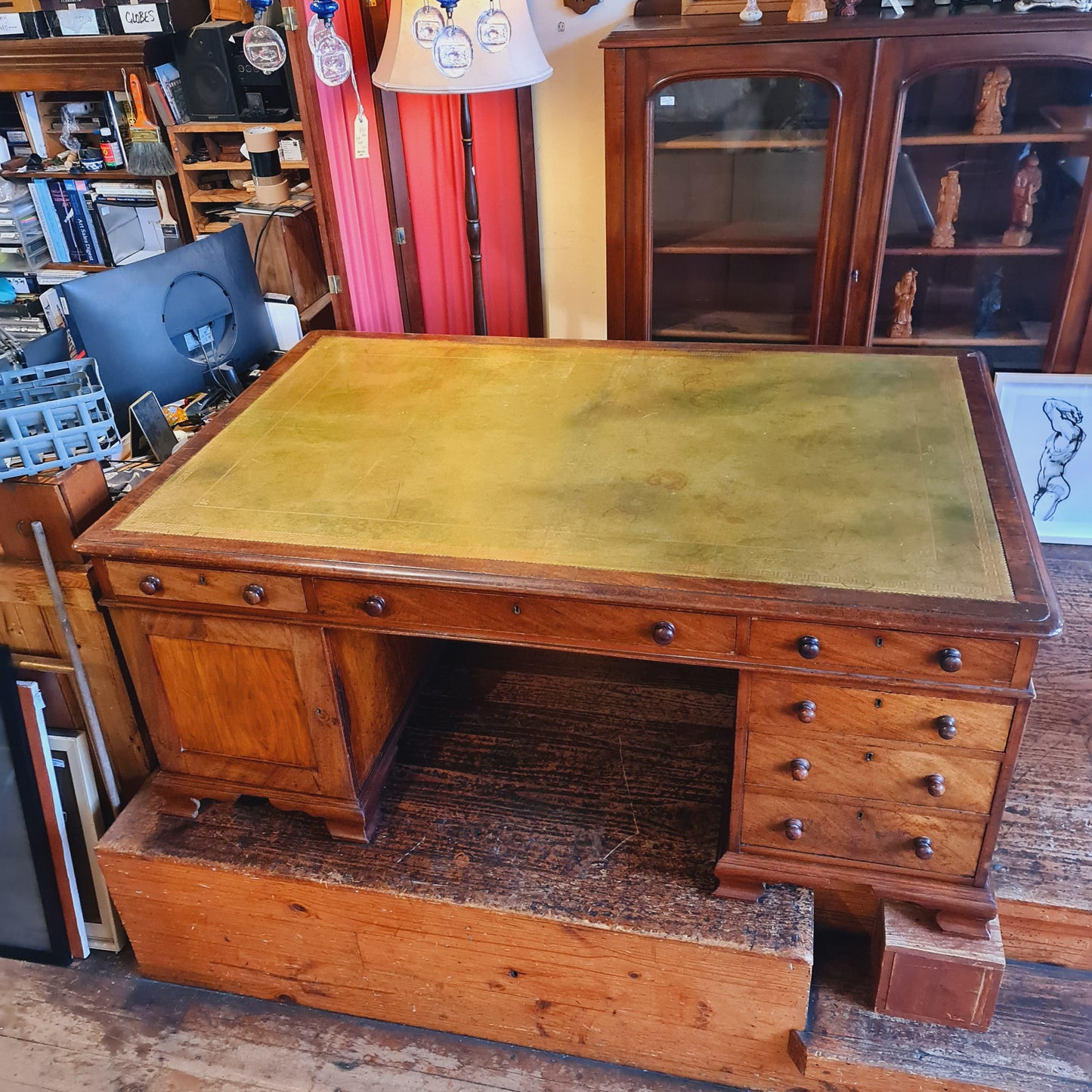 Antique Leather Top Partners Desk in Cedar